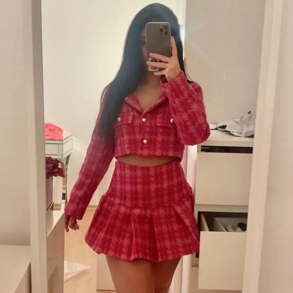 Pink Plaid Blazer & Pleated Skirt Set Synthetic Tweed NWOT